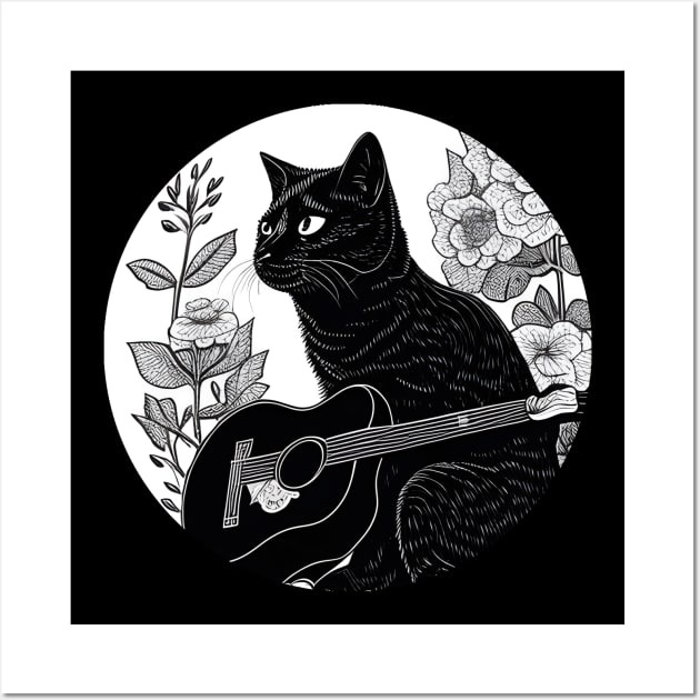 Black Cat Guitar - Cat Playing Guitar Vintage Wall Art by Wesley Mcanderson Jones